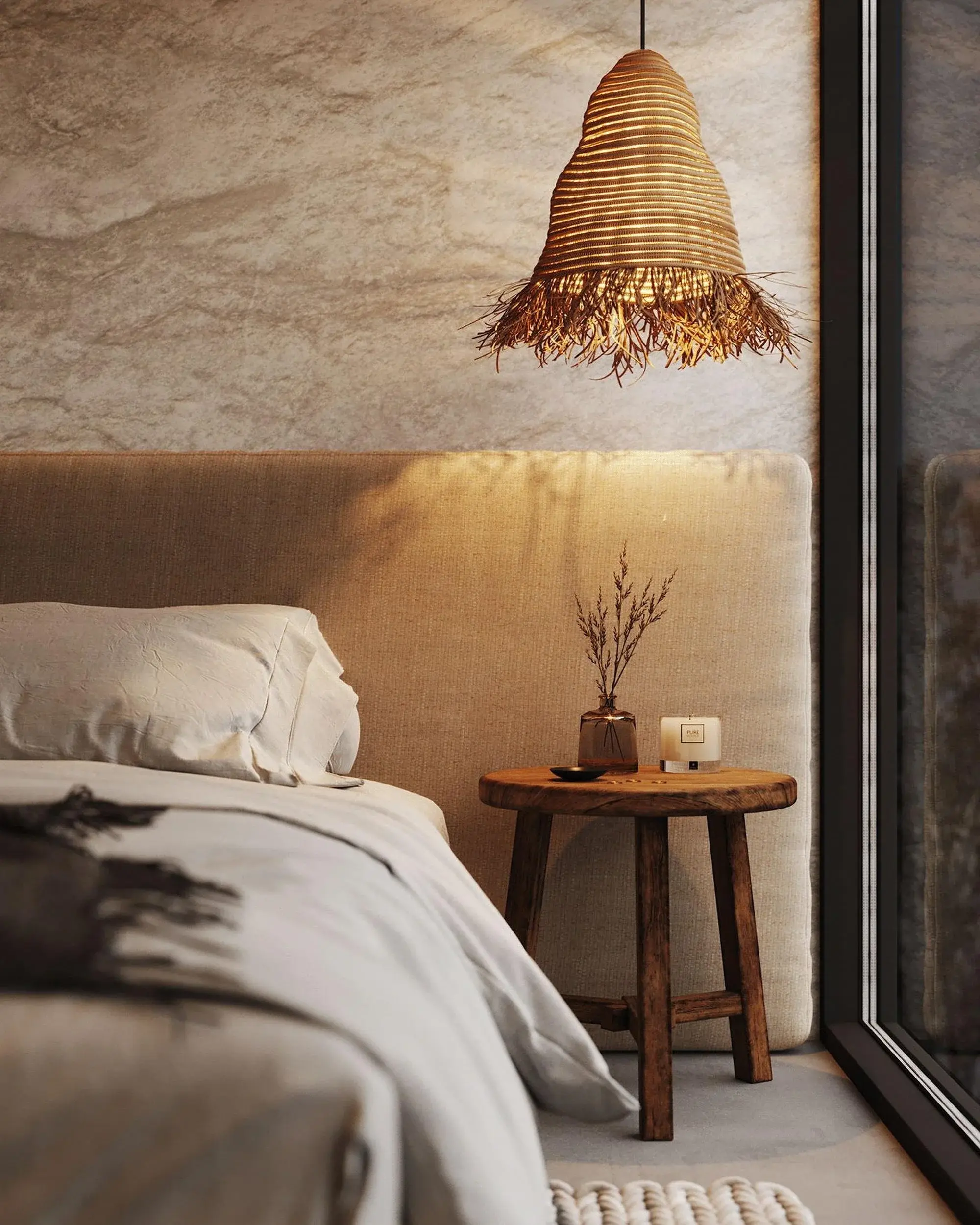 Natural materials shifting the mood of a room without a single plant