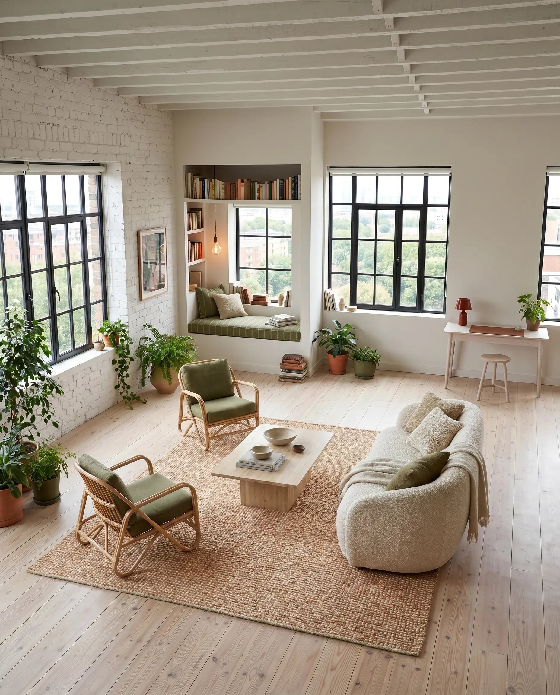 A living room broken into clear zones with rugs and lighting