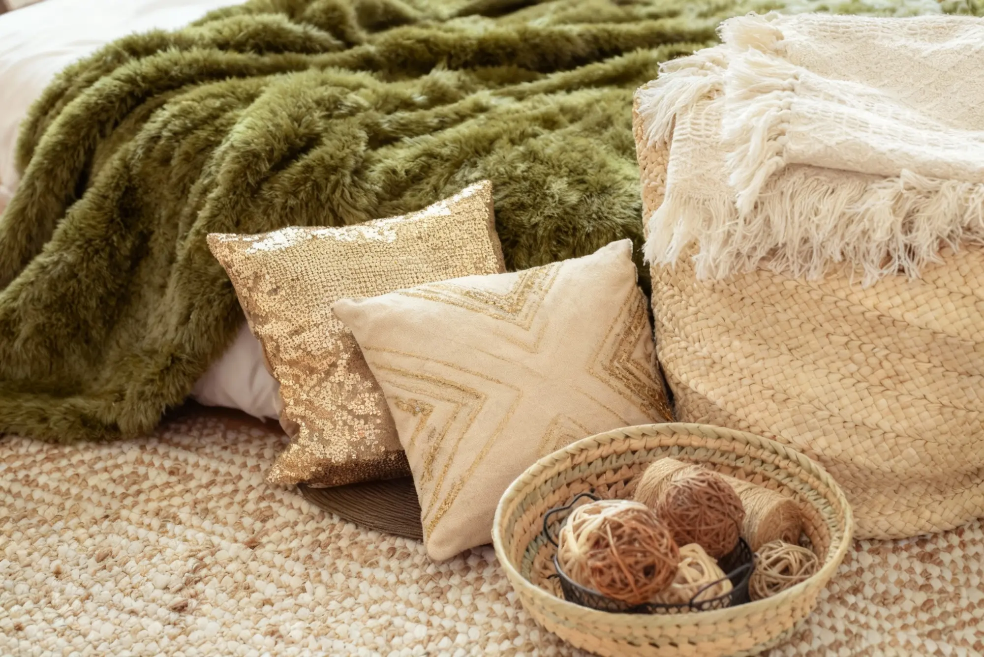 Tactile layers of wool, linen, and timber bringing winter depth into a room