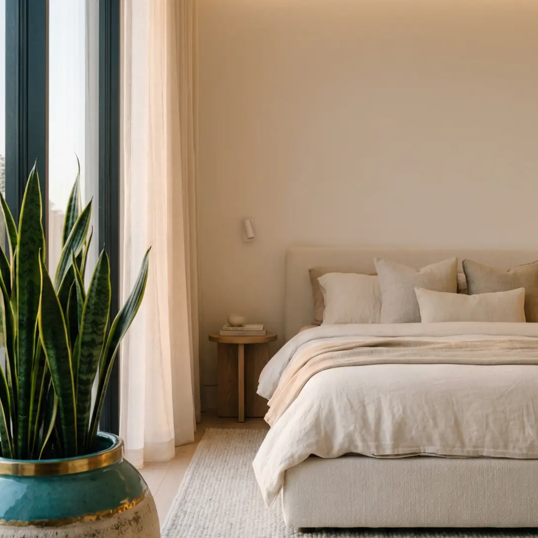 A snake plant adding quiet architectural structure to a bedroom