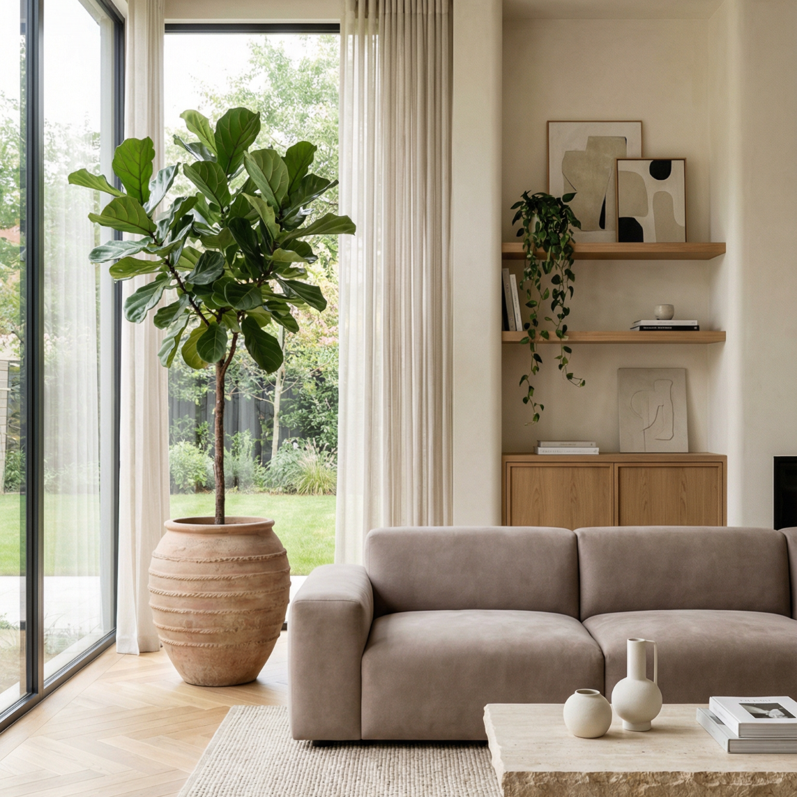 A large ficus anchoring a living room seating area