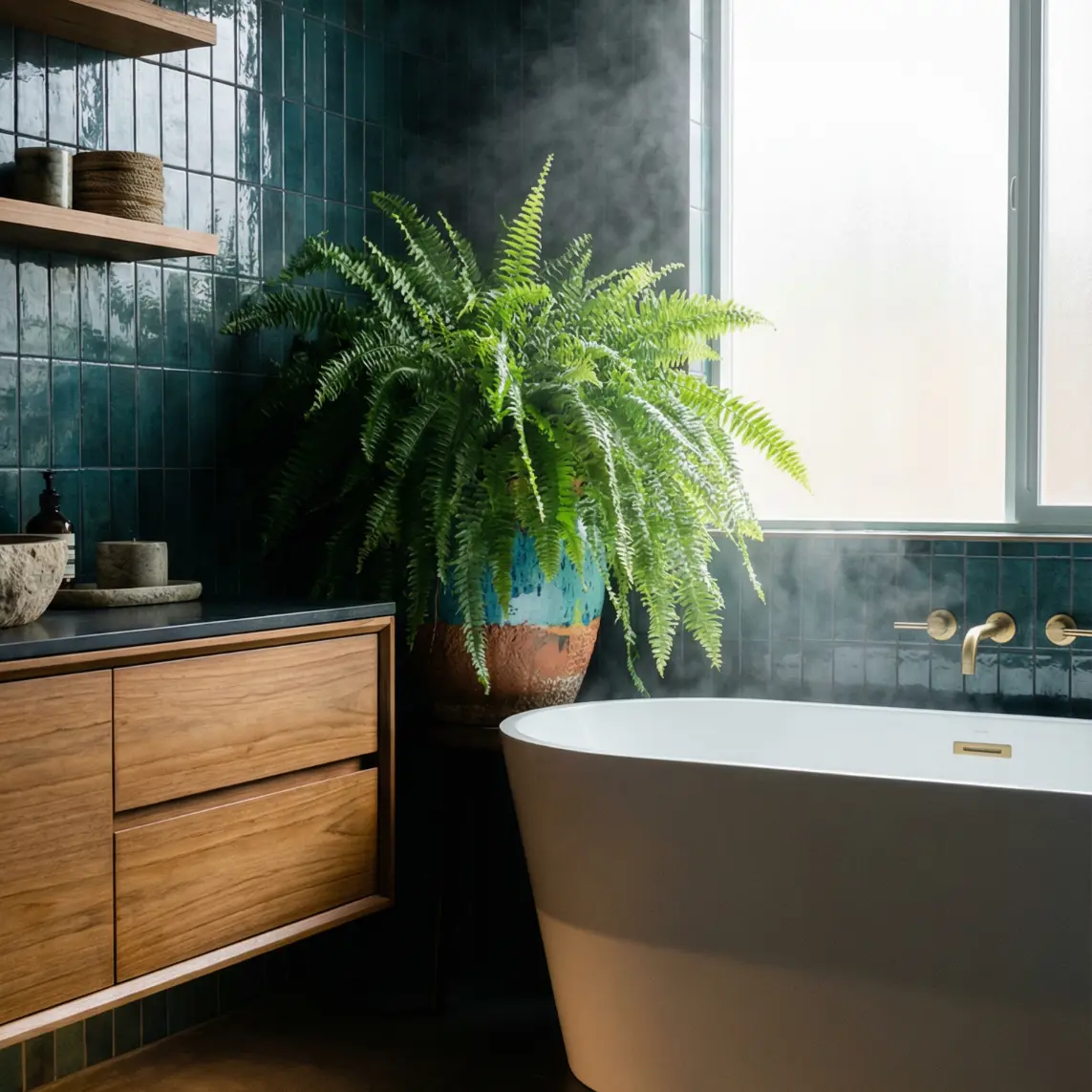 A Boston fern softening a stone-clad bathroom