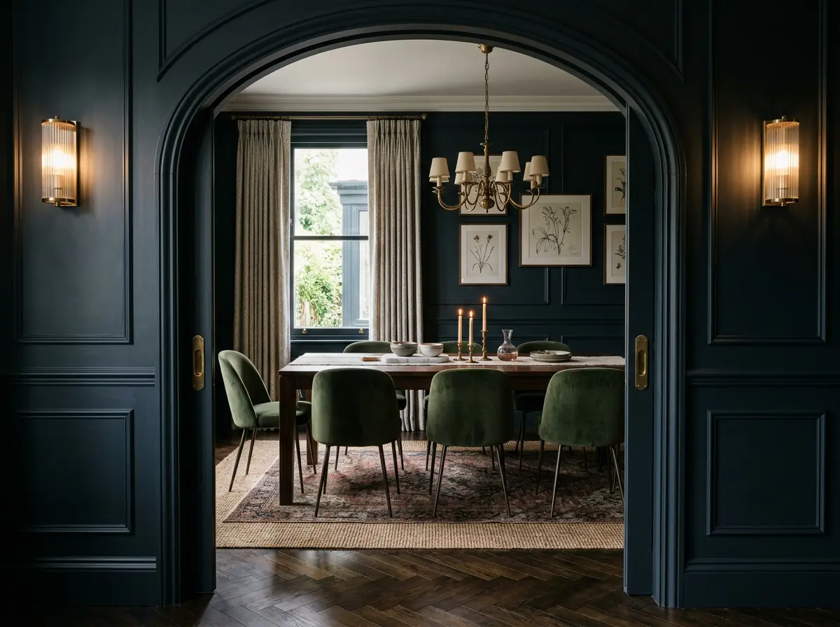 A moody, low-lit dining room with a long timber table and pendant lighting