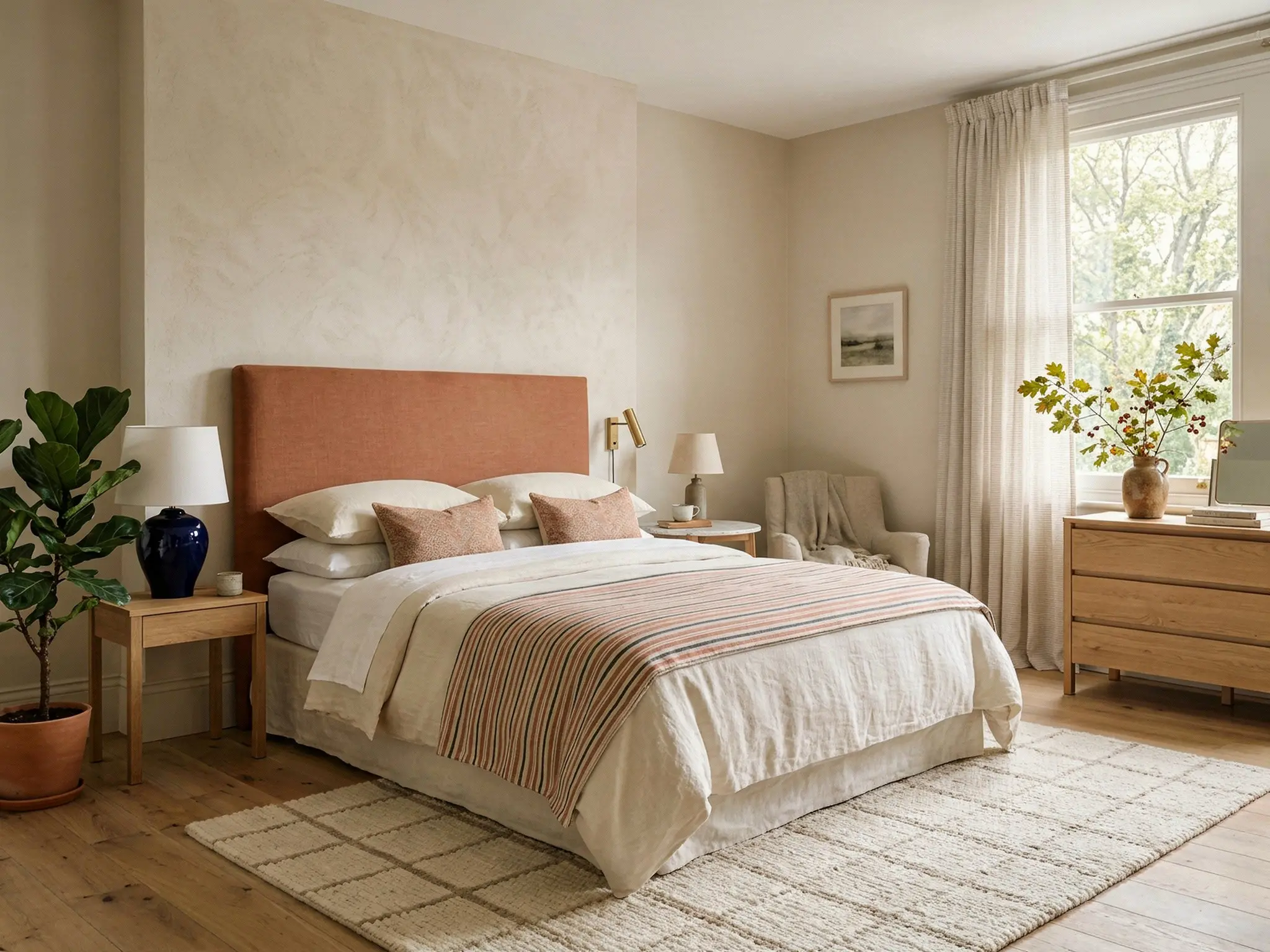 A restful luxury bedroom in muted, grounded tones