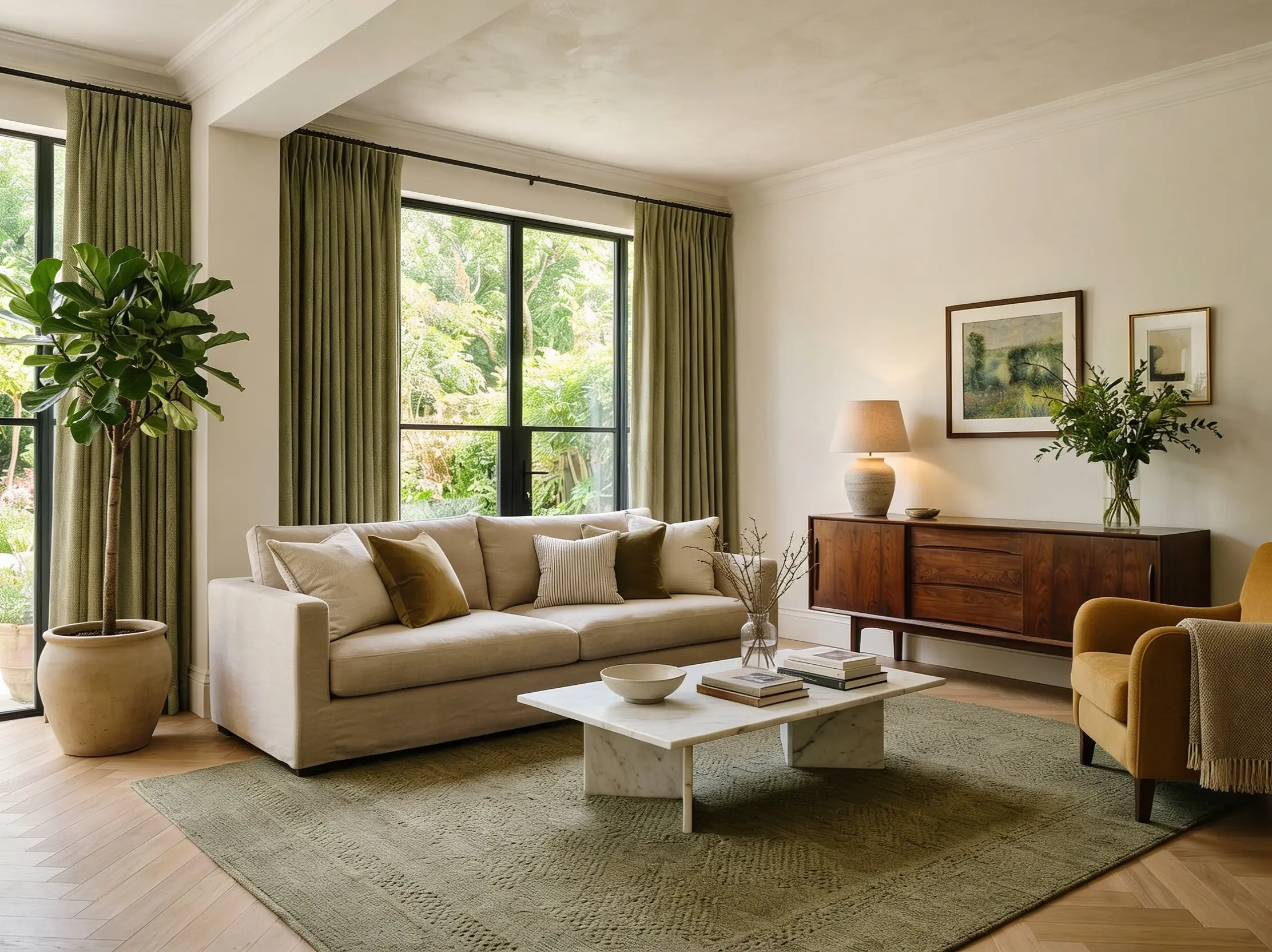 A high-end living room balancing structured furniture with soft, organic textures