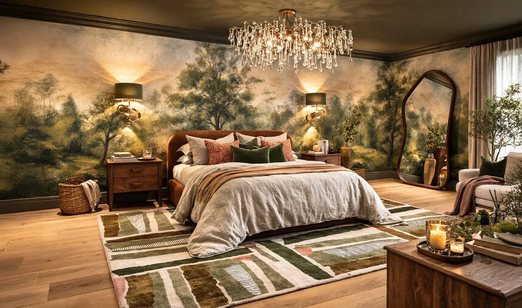 Finished bedroom with woodland mural wallpaper, dew-drop chandelier, layered linen bedding, and warm brass wall lights