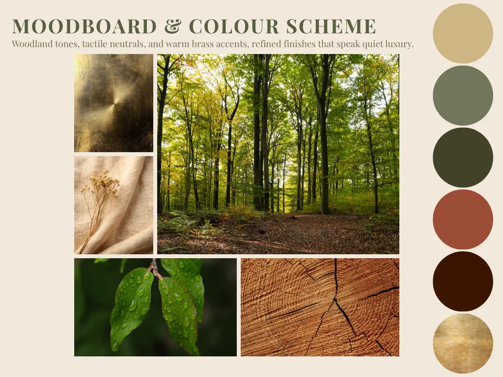 Moodboard and colour scheme with woodland photography, colour swatches in cream, sage, olive, terracotta, and bark