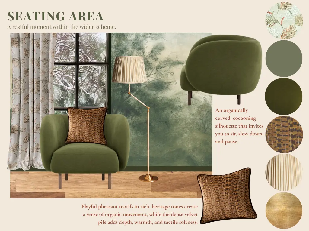 Seating area mood board with green velvet armchair, heritage-tone cushions, organic textures, and warm woodgrain