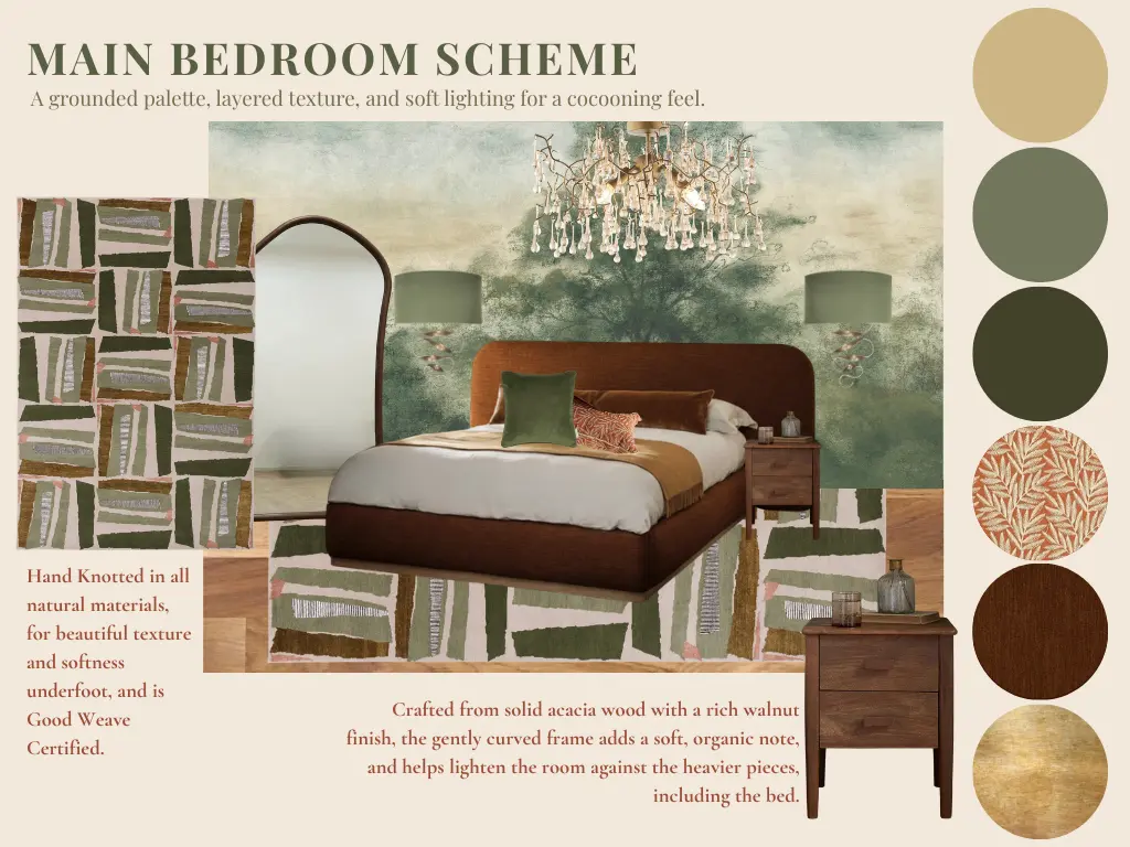 Main bedroom scheme board with walnut headboard, dew-drop chandelier, terracotta and green cushions, and hand-knotted rug