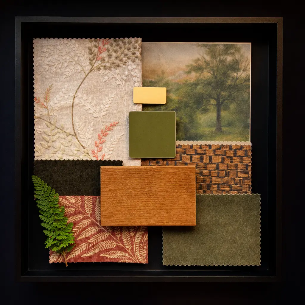 Physical sample board with embroidered linen, olive velvet, rattan, terracotta fern-print fabric on a black mount