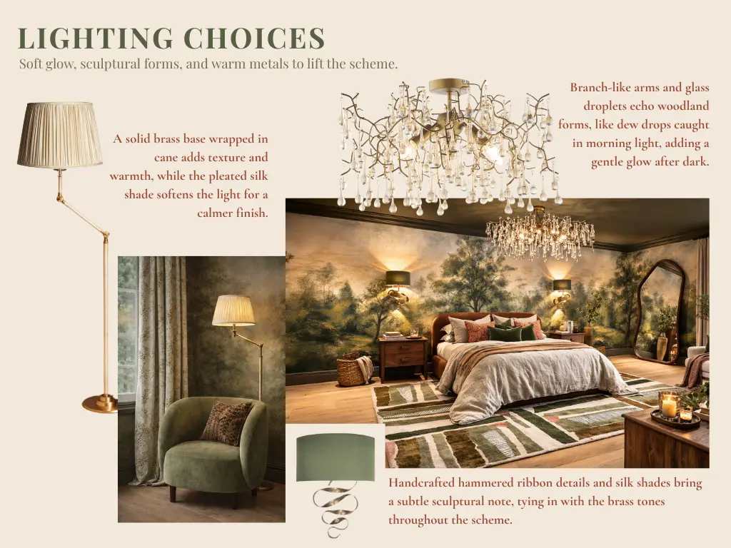 Lighting choices with brass swing-arm wall lamp, pleated silk shade, branch-and-glass-droplet chandelier