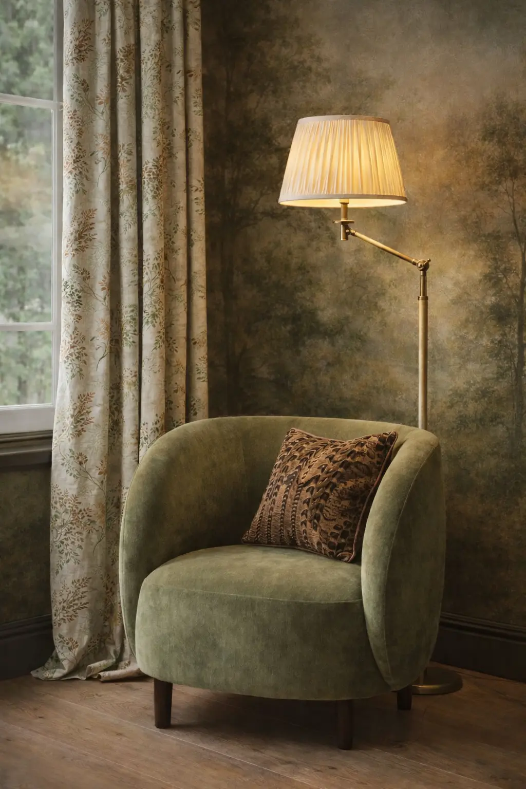 Seating corner with green velvet tub armchair by the window, cream botanical-print curtain, winter woodland beyond