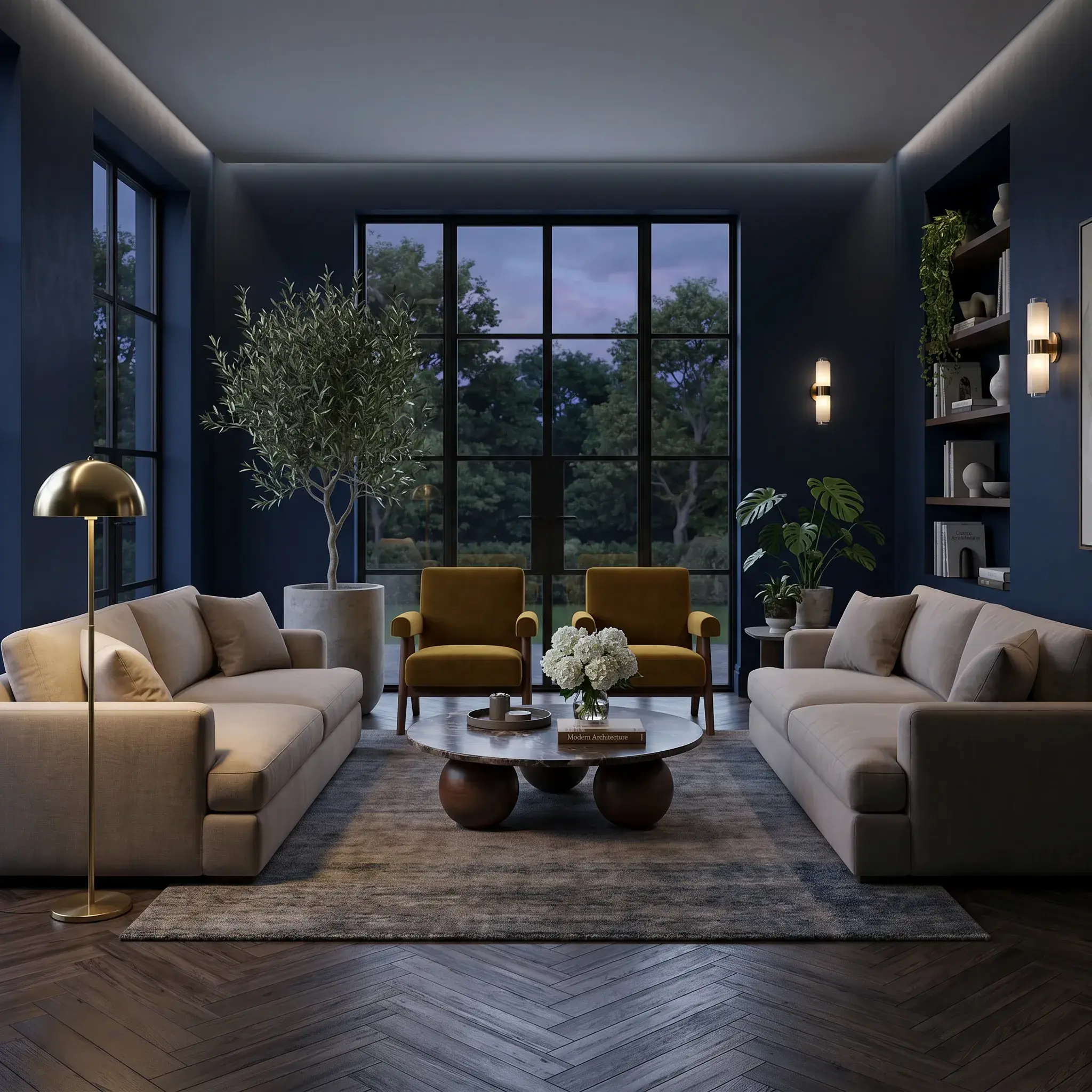 A moody, deep-navy living space with organic forms and warm lighting designed for calm