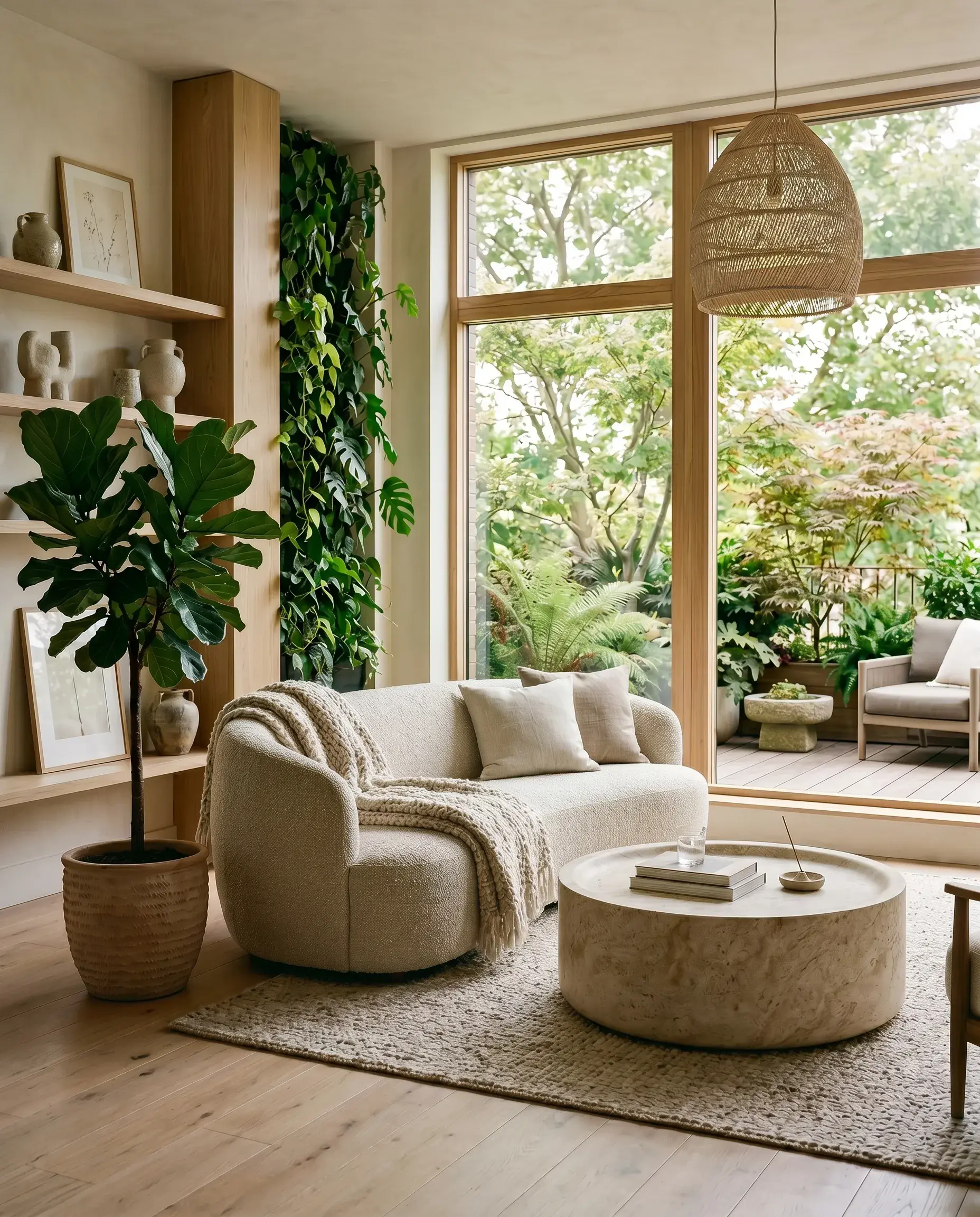 Calm biophilic interior with natural materials, soft daylight and a view of greenery