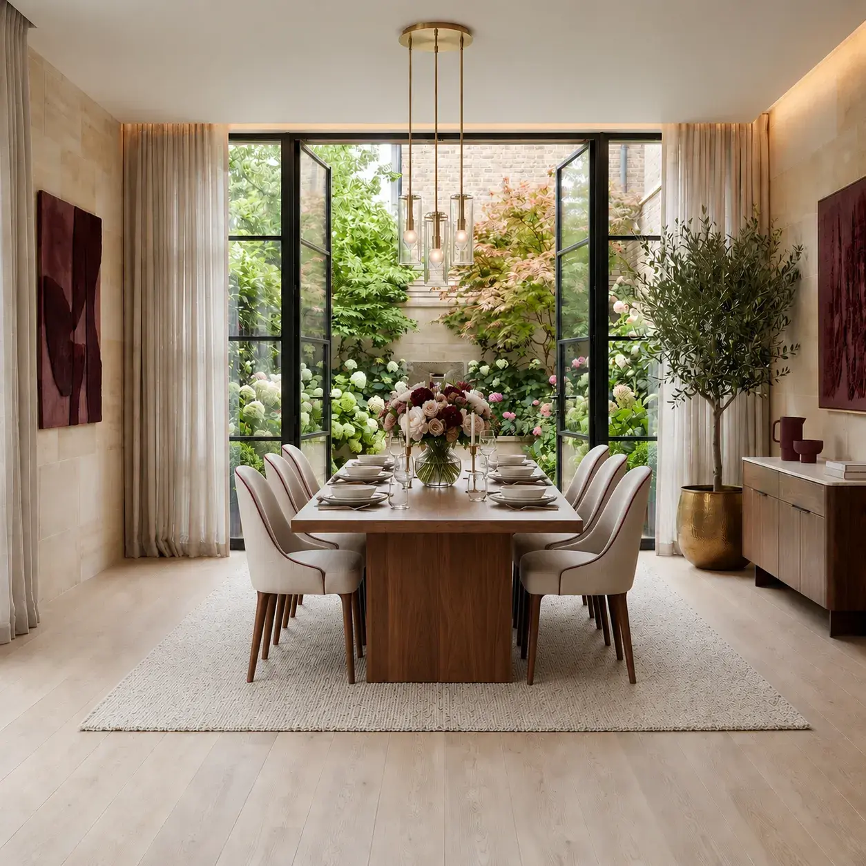 Floor-to-ceiling windows opening onto a garden, blurring the threshold between indoors and outdoors