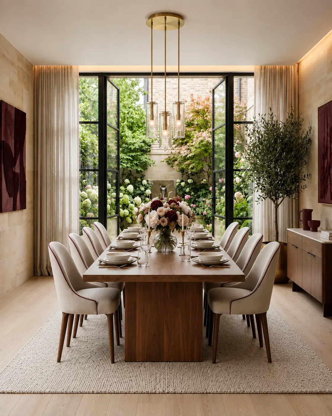 Floor-to-ceiling windows opening onto a garden, blurring the threshold between indoors and outdoors