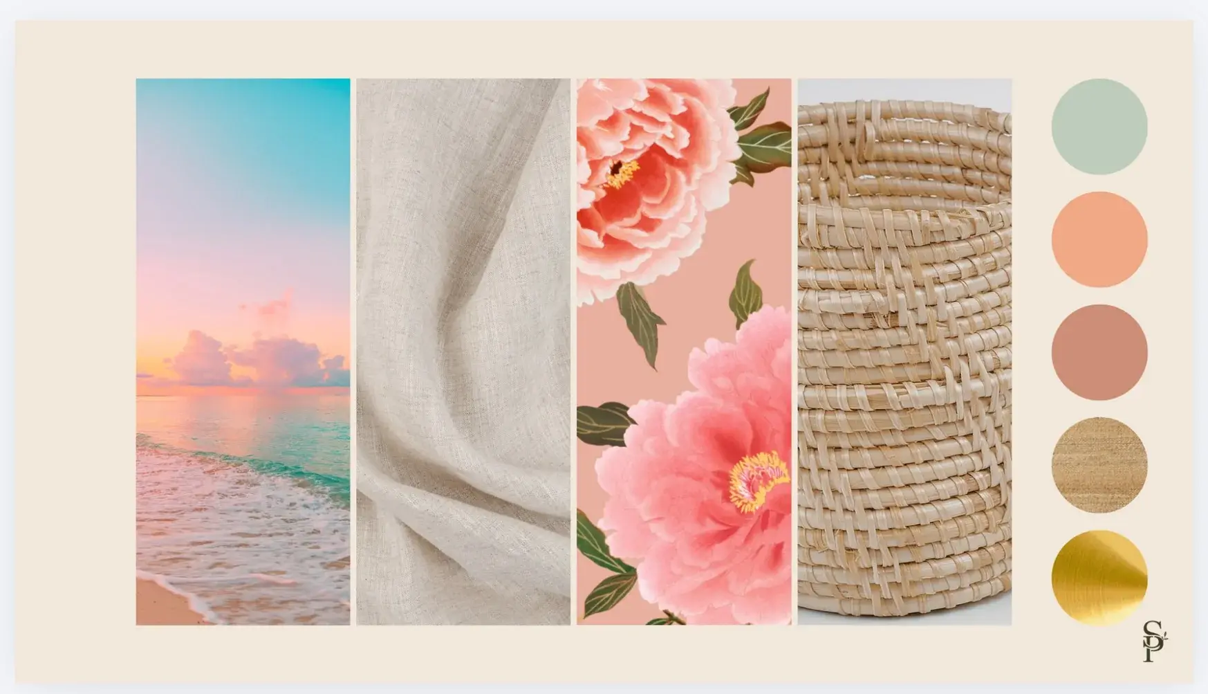 Mood board with a pastel beach sunset, natural linen, coral peony print and woven rattan, beside sage, peach, coral, jute and gold swatches