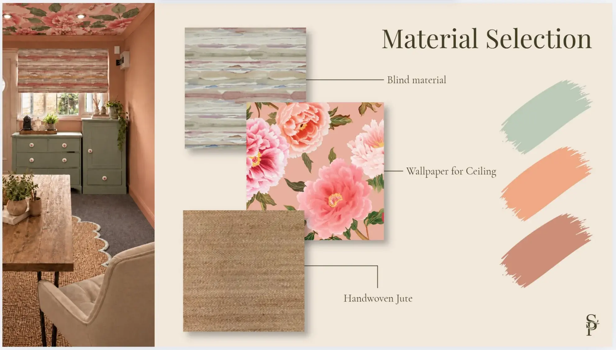 Material selection board with watercolour-stripe blind fabric, coral peony ceiling wallpaper, handwoven jute and sage, peach and coral paint swatches