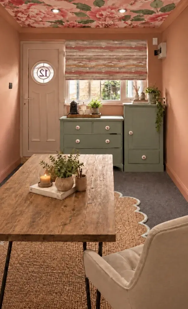 Coral-walled home office with peony wallpapered ceiling, watercolour Roman blind, sage-green cabinets with floral knobs and a reclaimed wood table