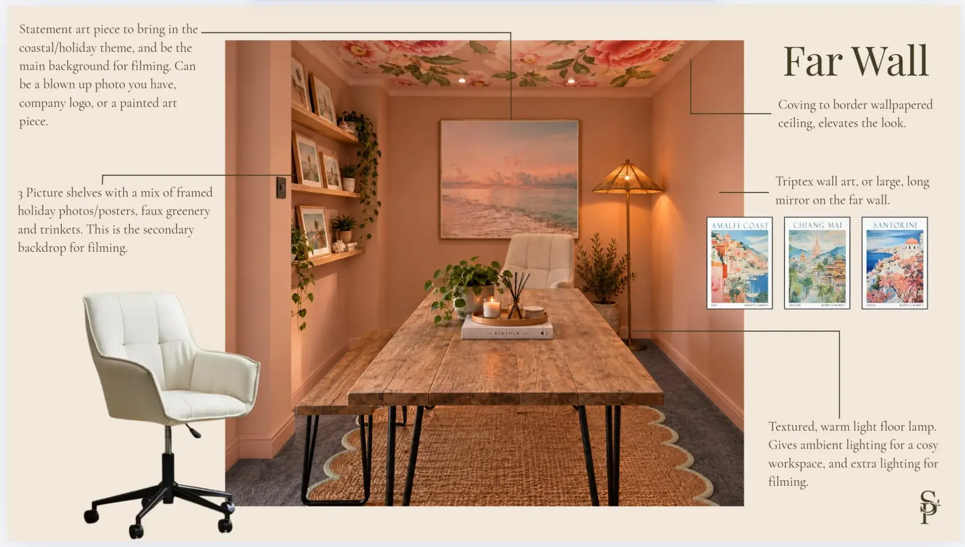 Annotated far wall design with statement sunset artwork, travel photo shelves, rattan floor lamp, coving and a triptych of travel prints