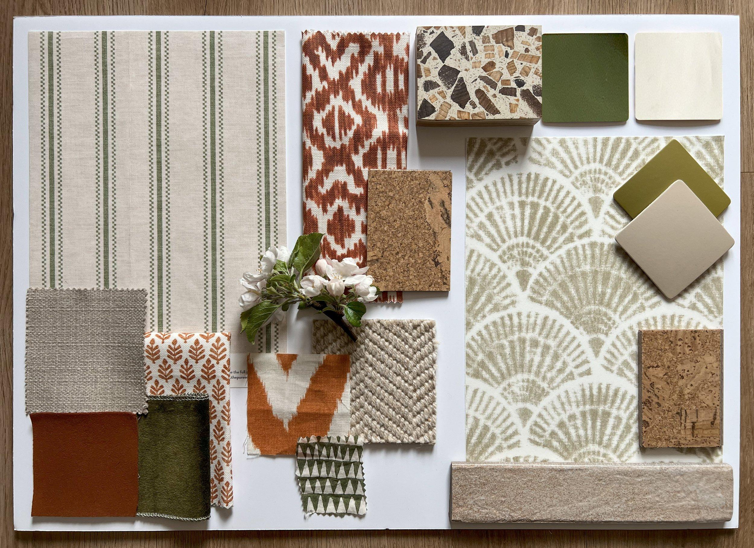 Finishes board with striped linen, ikat, cork, terrazzo, shell wallpaper, and olive velvet