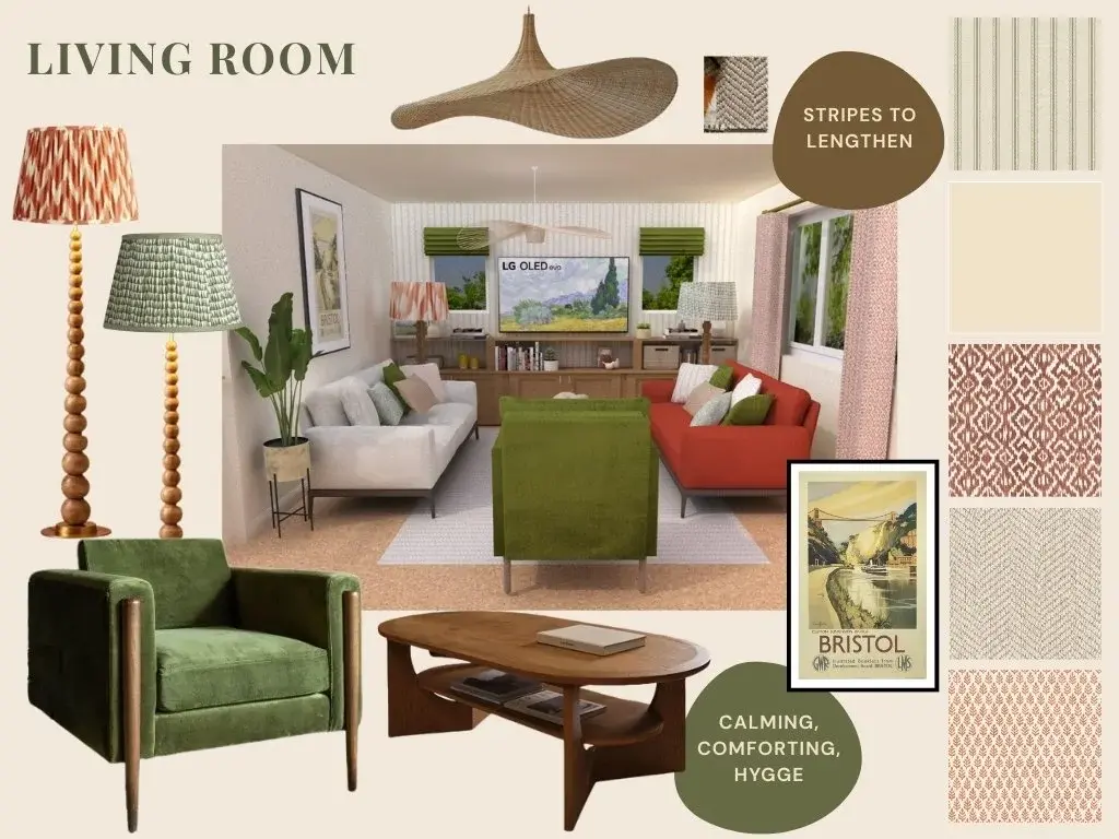 Living room mood board with green velvet armchair, sculptural lighting, and Bristol references