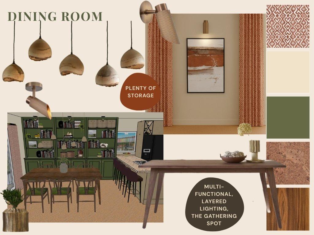Dining room mood board with wooden pendants, terracotta curtains, and walnut table