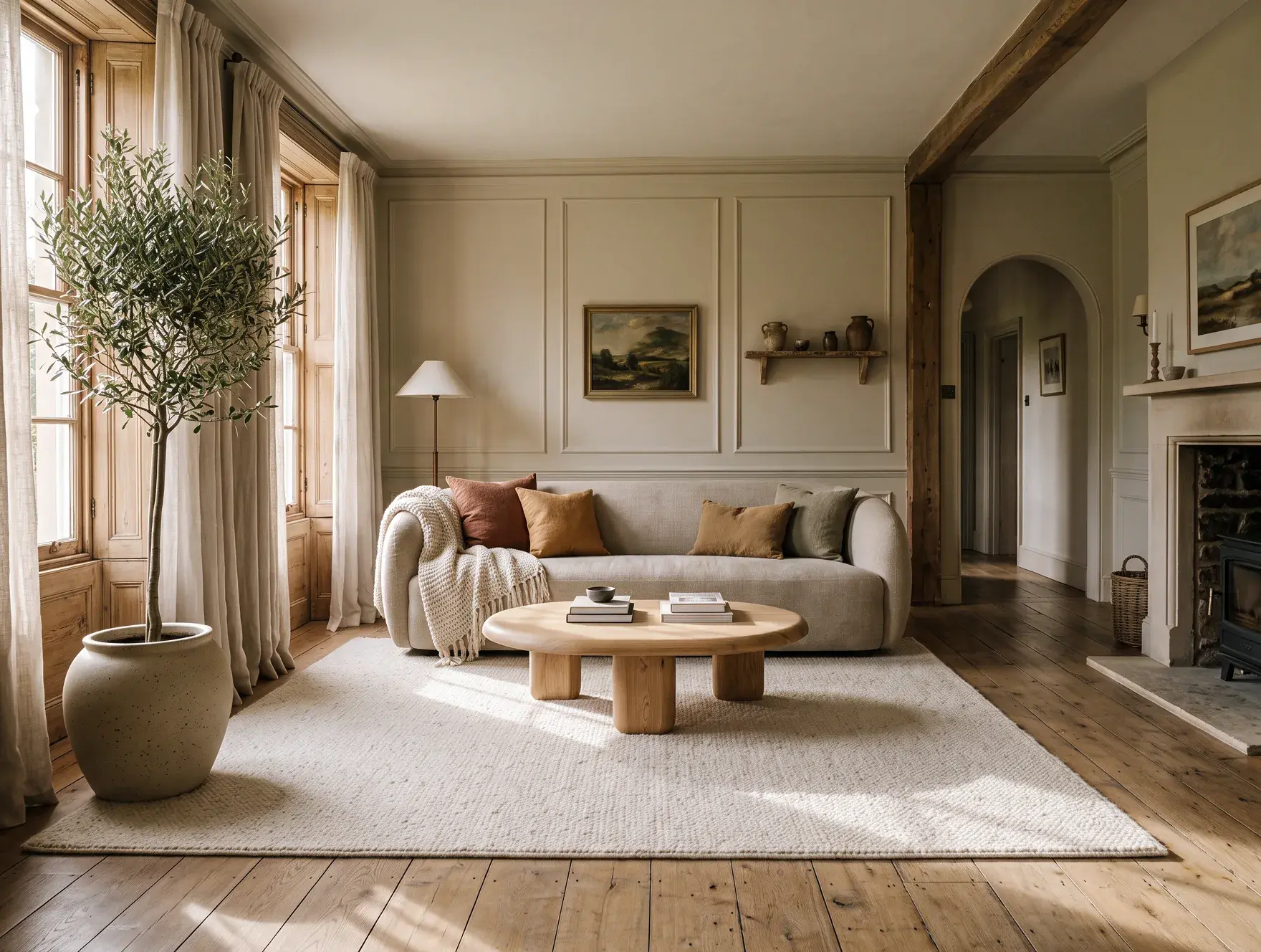 Calm, sunlit living room with a curved linen sofa, oak coffee table and clear routes through the space