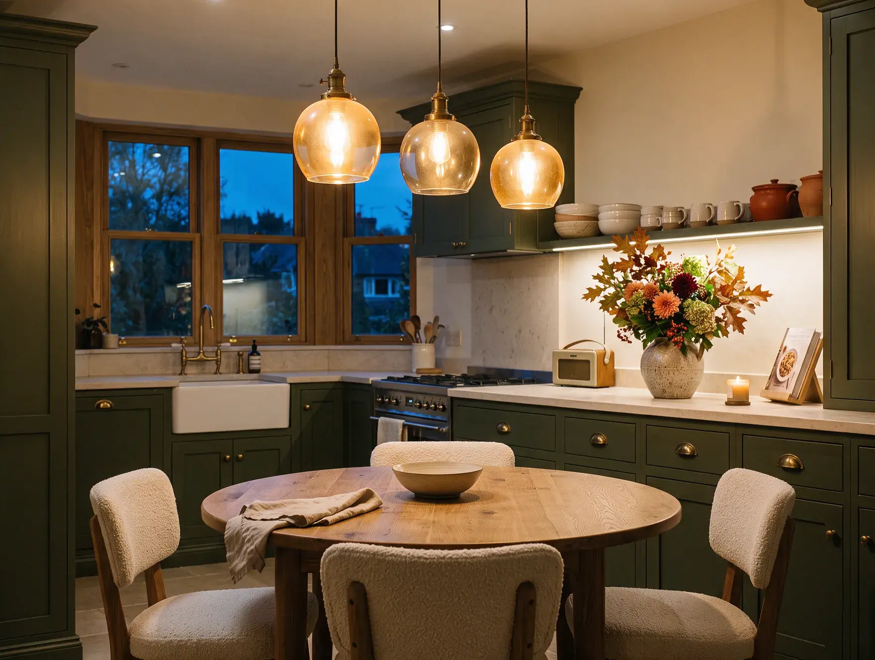 Green shaker kitchen at dusk lit by glass pendants over a round oak table and warm under-shelf lighting