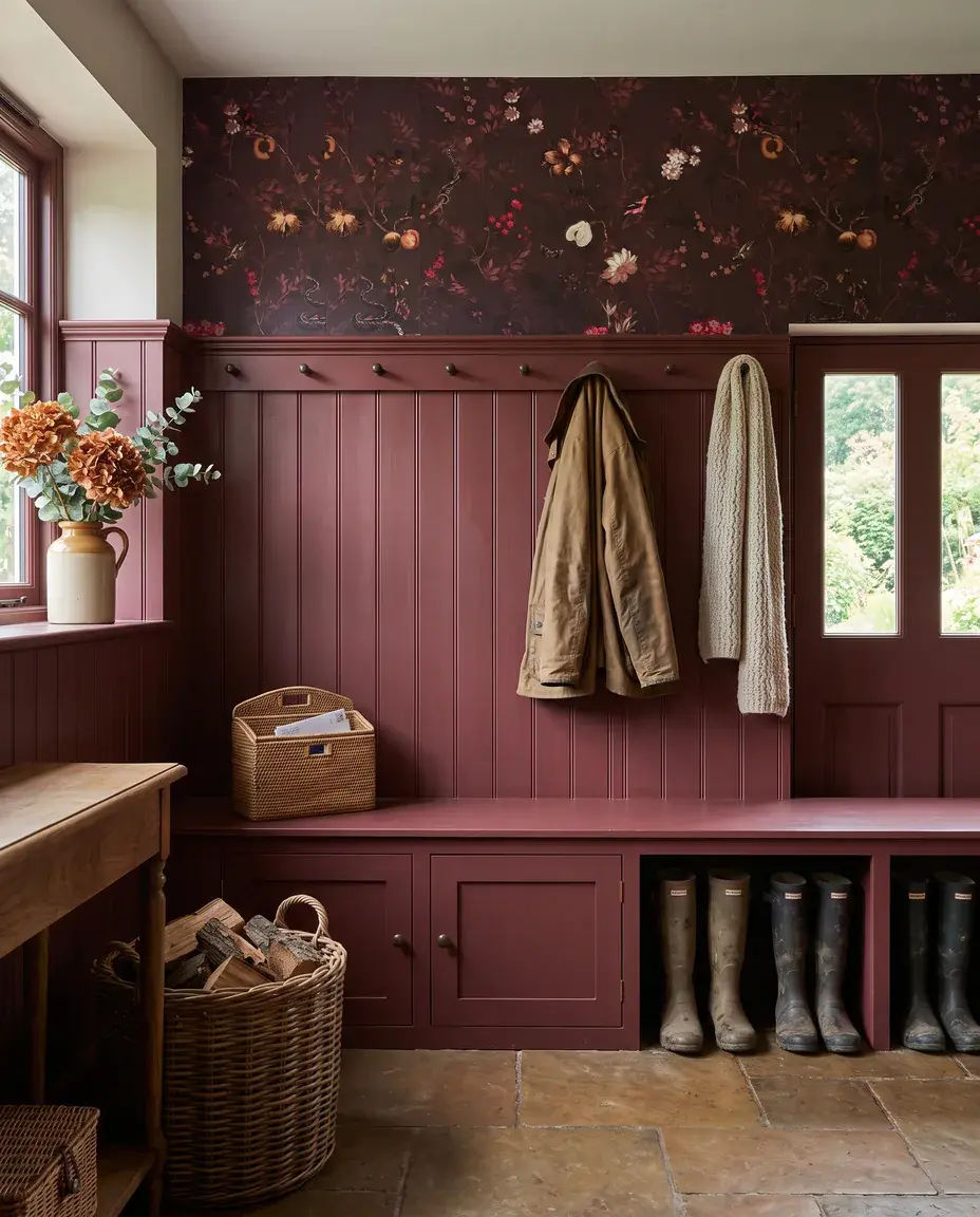 Boot room with painted panelling, peg rail, bench storage, boot cubbies and a woven post basket