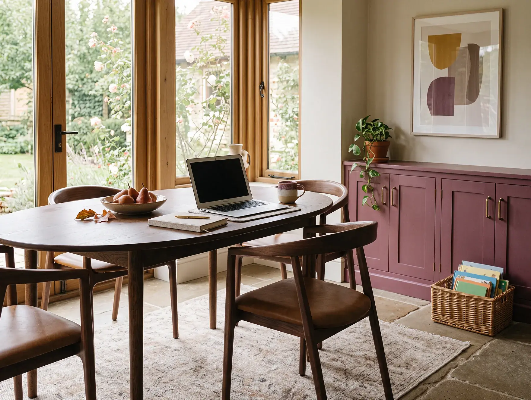 Garden-facing dining table doubling as a workspace, with a laptop, notebook and painted storage cupboards alongside
