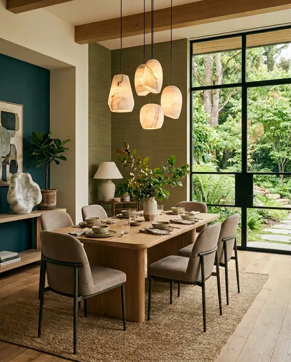 A dining space with a sculptural alabaster pendant, warm timber table and soft evening light
