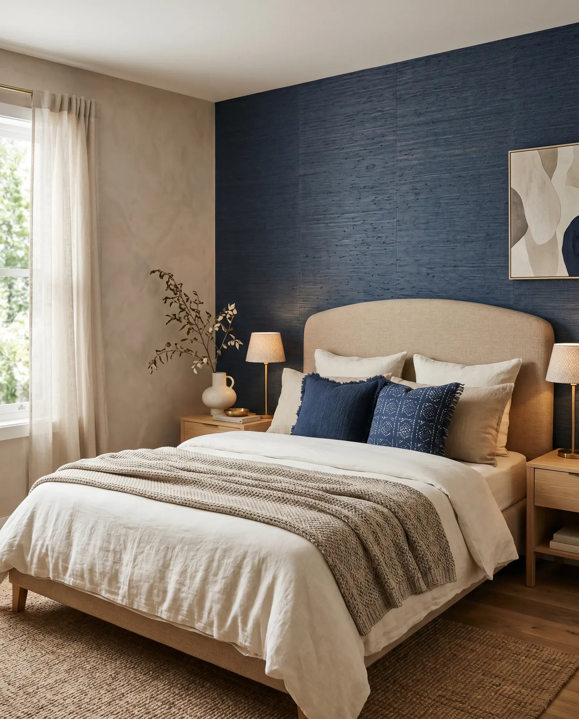 A calm bedroom with woven wallpaper, layered linen bedding and soft, warm lighting