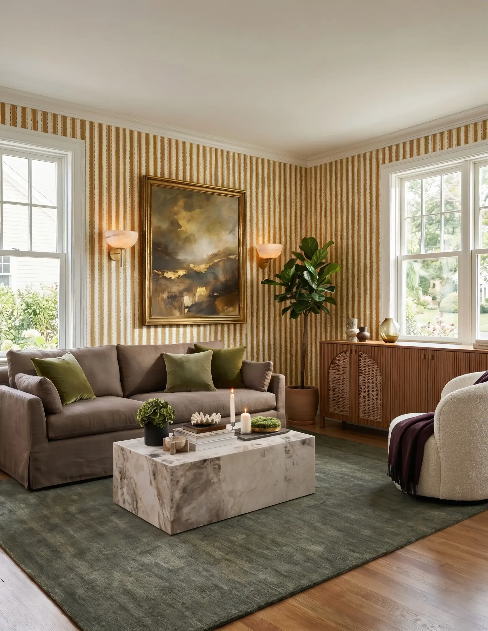 A calm living room with alabaster wall lights, warm wood and layered natural textures