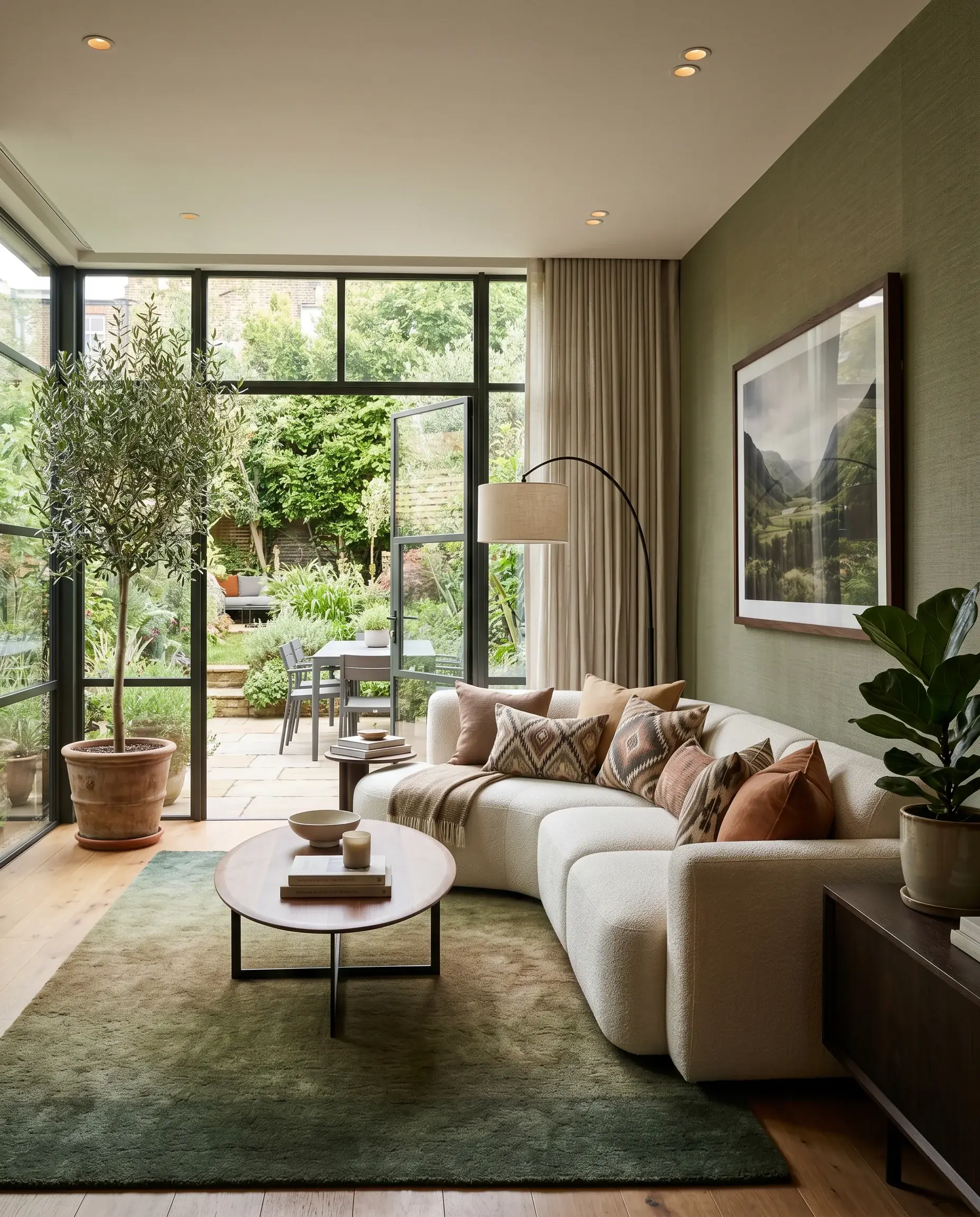A lounge that opens onto a garden, blurring the threshold between indoors and outdoors