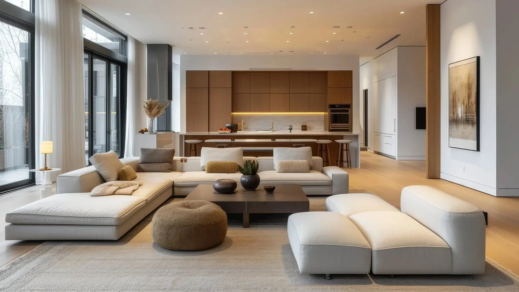 A room gently zoned with rugs, lighting and grouped seating