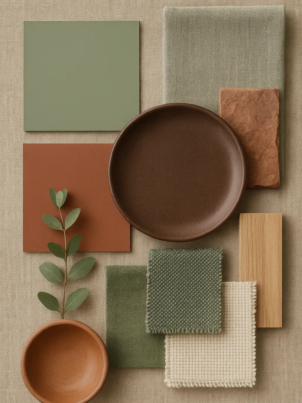 Earth-toned reds and greens layered through textiles and timber