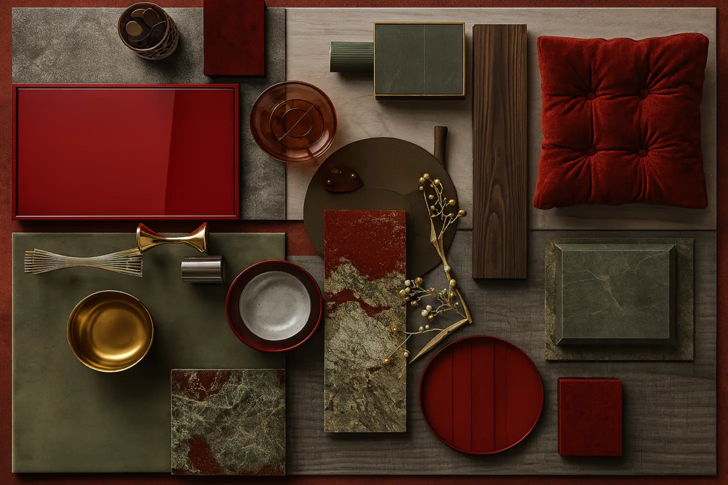 Tactile materials bringing red and green tones into balance
