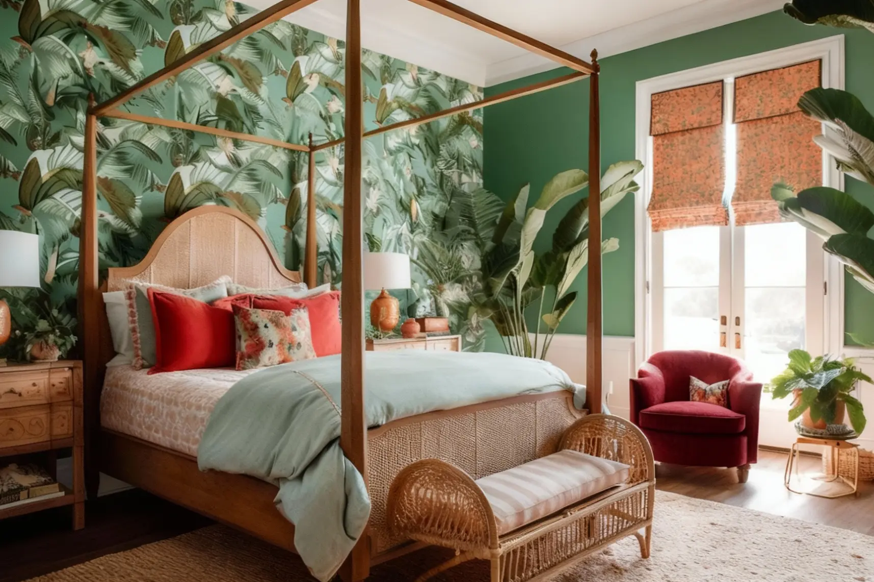A grounded palette of muted reds, greens and warm neutrals