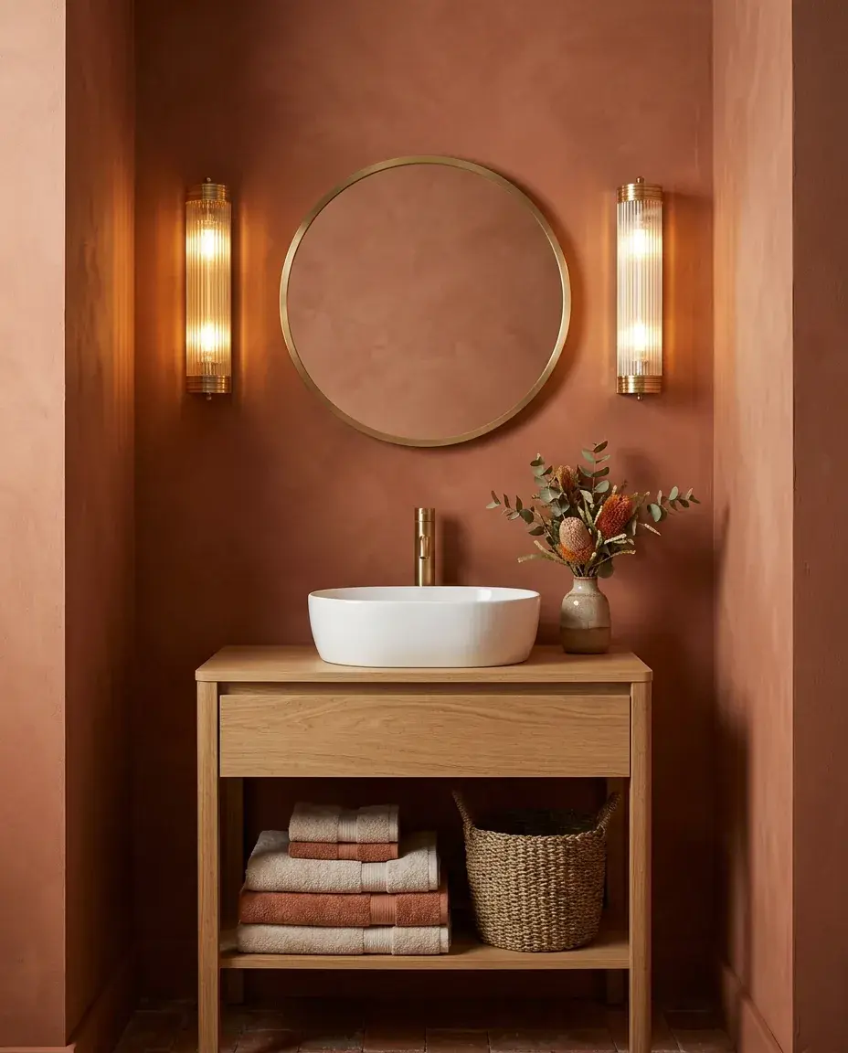 A warm, inviting cloakroom with considered lighting and layered texture