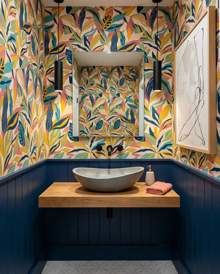 A cloakroom with bold patterned wallpaper and a statement basin