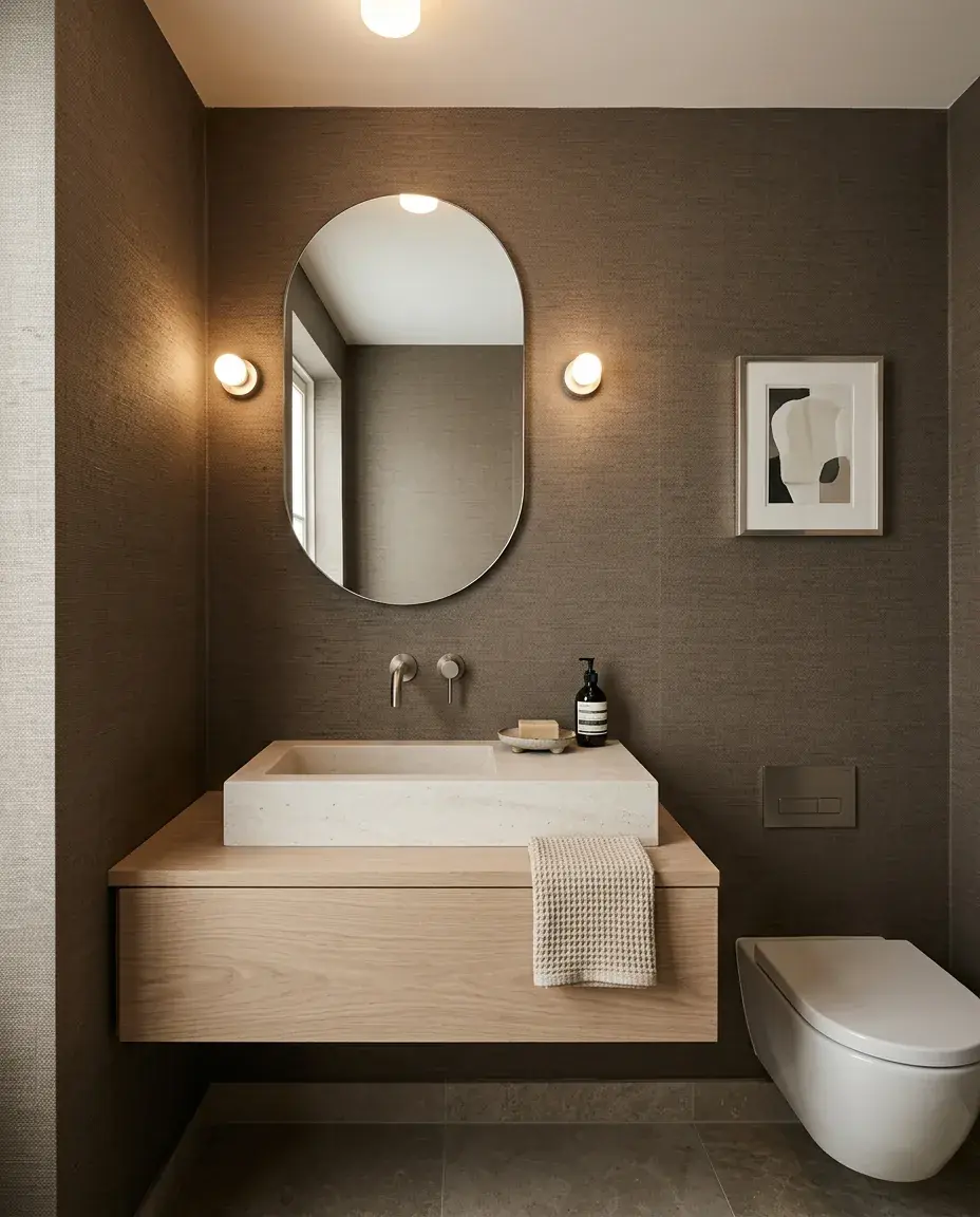 A calm, understated cloakroom with layered natural materials