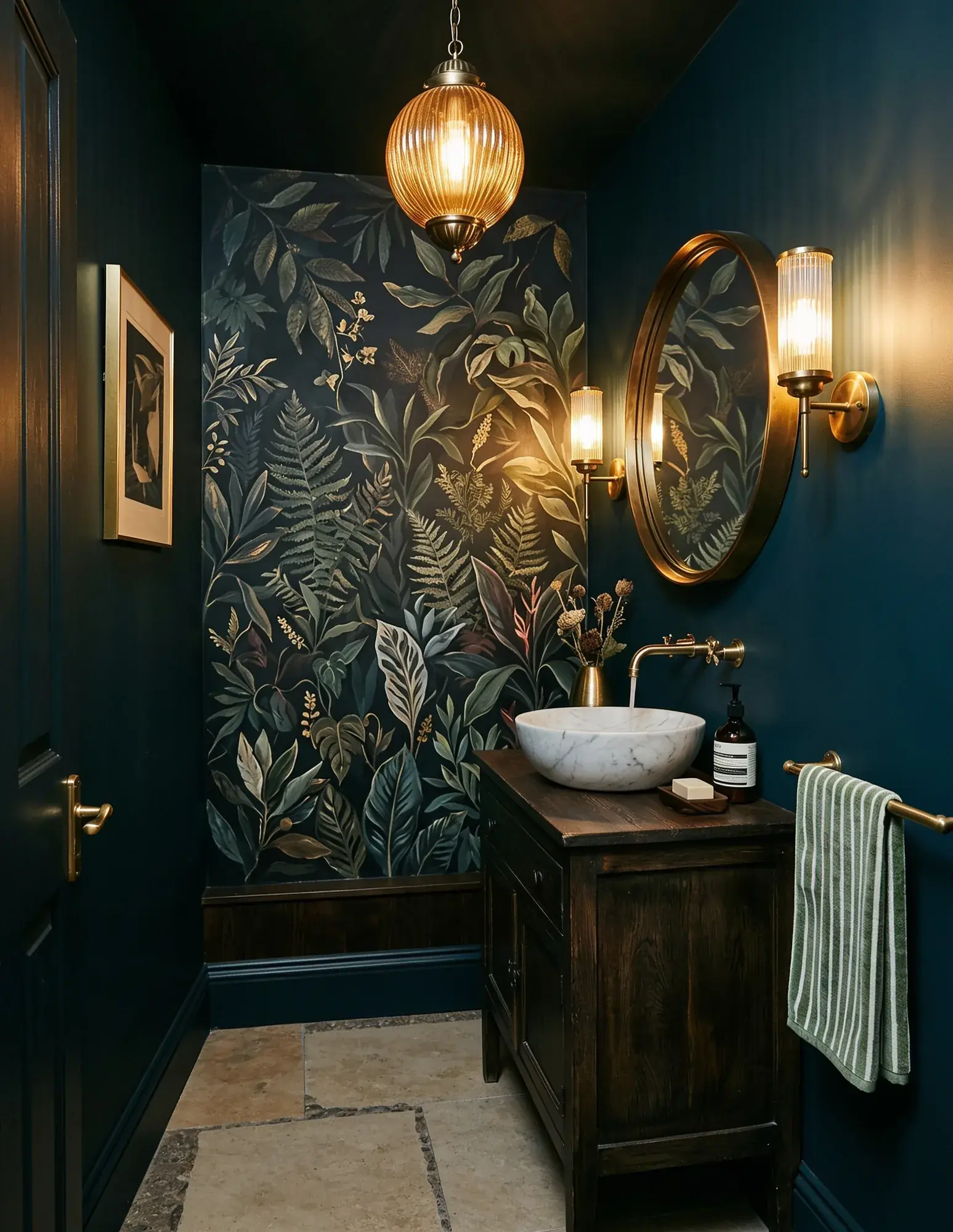 A richly atmospheric cloakroom where the lighting sets the tone