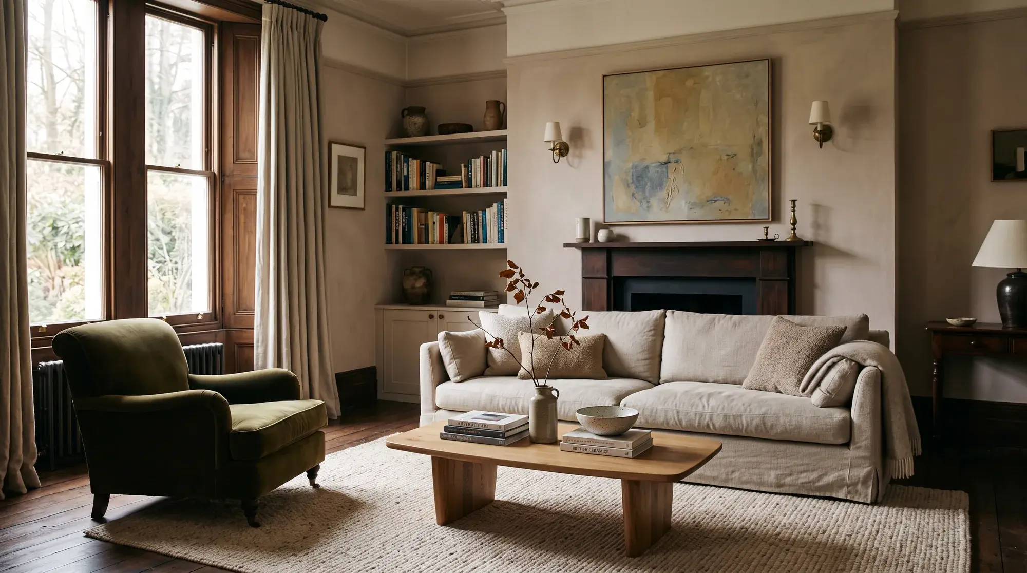 Warm, layered living room with natural materials and thoughtfully selected furniture