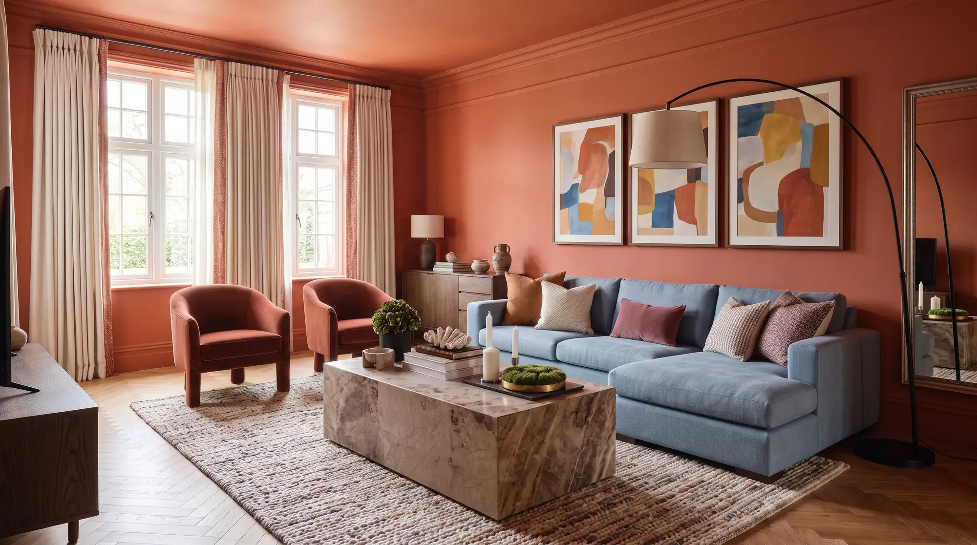 A properly anchored seating area where rug, sofa and surrounding pieces sit in balanced proportion