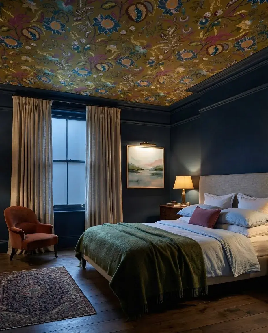 A dark-blue bedroom with a statement ceiling light and layered accent lighting